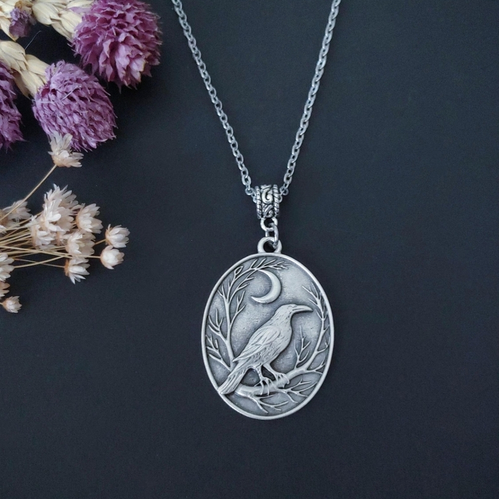 Silver Raven and Moon Pendant Necklace